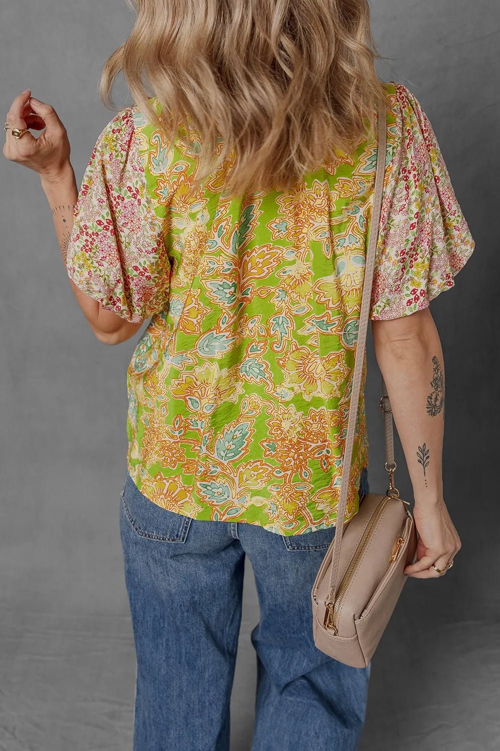 Multicolour Printed Contrast Bubble Sleeve Patchwork Blouse – Floral Top for Shopify Collective (3 view)