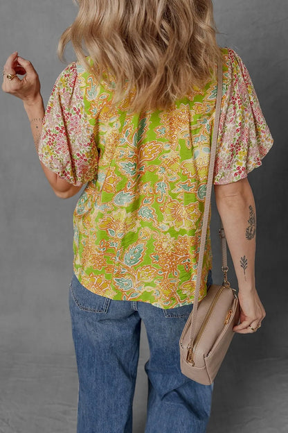 Multicolour Printed Contrast Bubble Sleeve Patchwork Blouse – Floral Top for Shopify Collective (3 view)