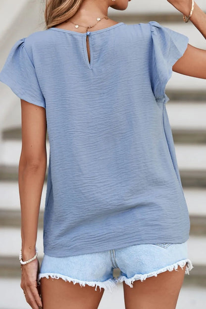 Solid Color Flounce Sleeve Pleated Round Neck Blouse – Light Blue by Simply Love