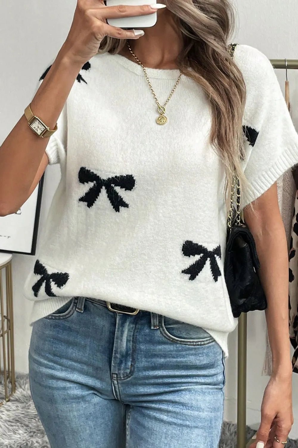 Bow Pattern Knit Short Sleeve Sweater – White by Simply Love