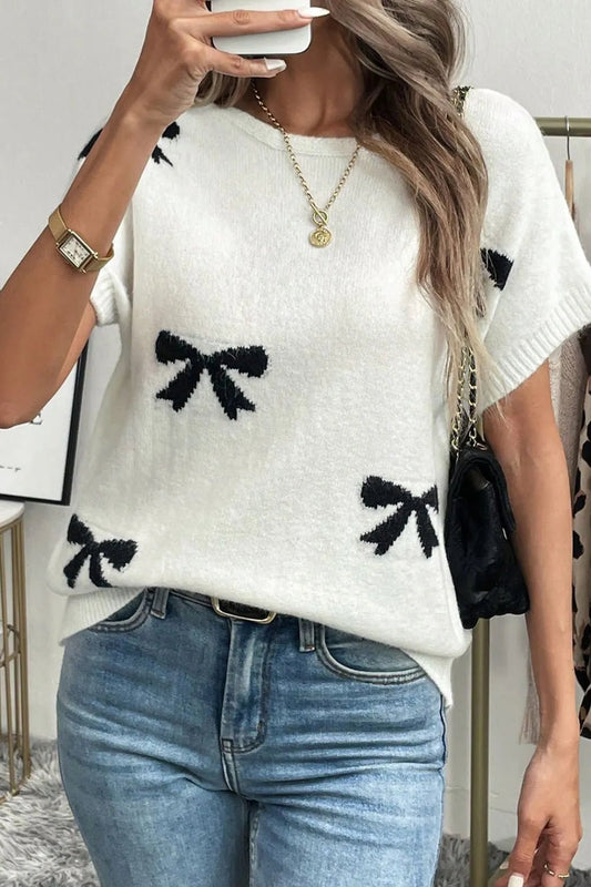 Bow Pattern Knit Short Sleeve Sweater – White by Simply Love