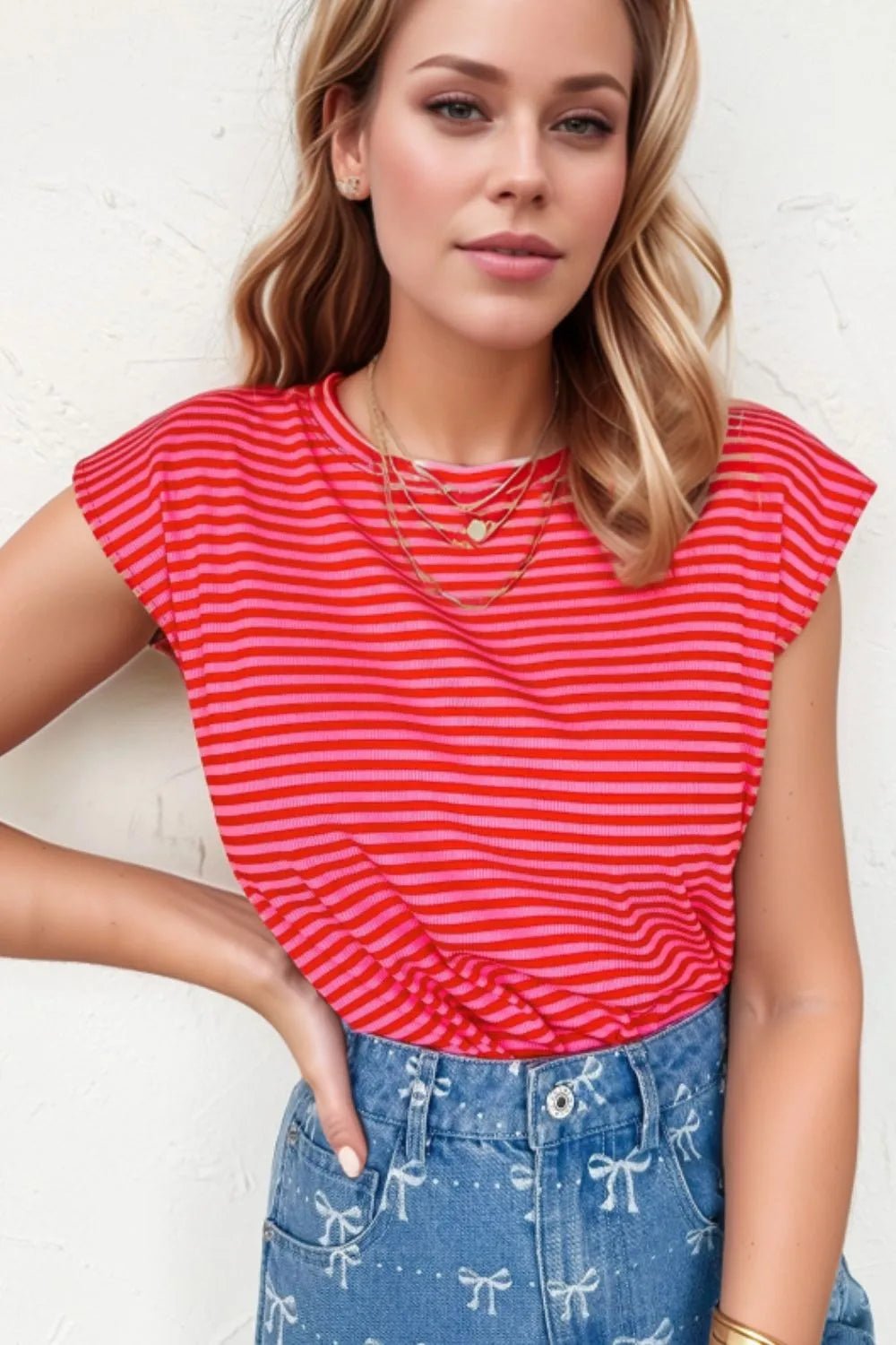 Stripe Ribbed Cap Sleeve Round Neck T Shirt – Strawberry for Shopify Collective (1 view)