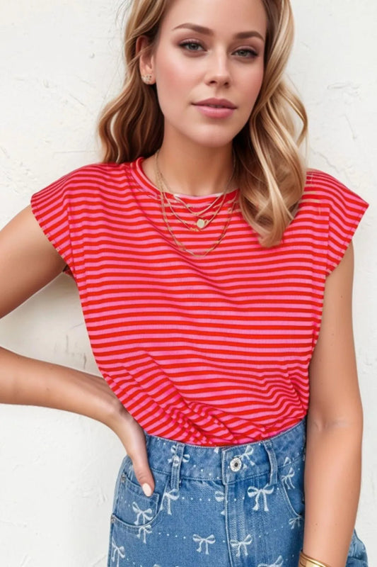 Stripe Ribbed Cap Sleeve Round Neck T Shirt – Strawberry for Shopify Collective (1 view)