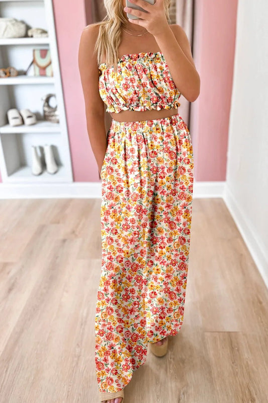 Boho Floral Bandeau Top and High Waist Wide Leg Pants Set – Floral by Simply Love