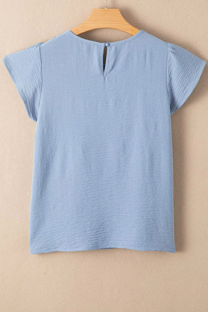 Solid Color Flounce Sleeve Pleated Round Neck Blouse – Light Blue by Simply Love