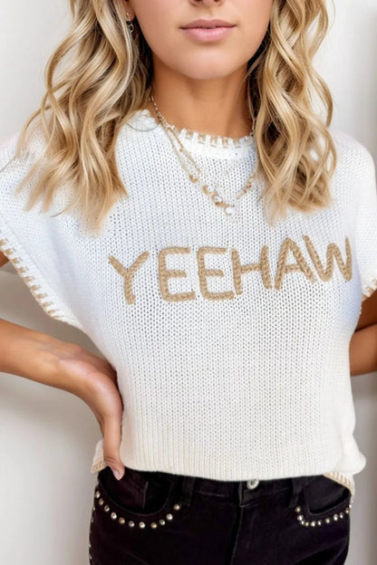 YEEHAW Stitch Edge Crew Neck Knit Top – White for Shopify Collective (1 view)