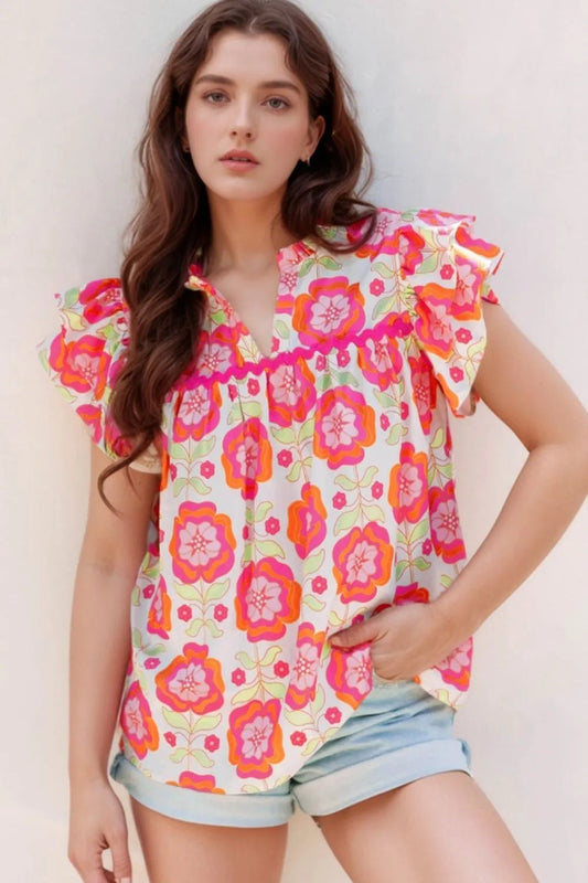 Floral Ruffled Sleeve Ric - Rac Trim Split Neck Loose Blouse – Floral by Simply Love