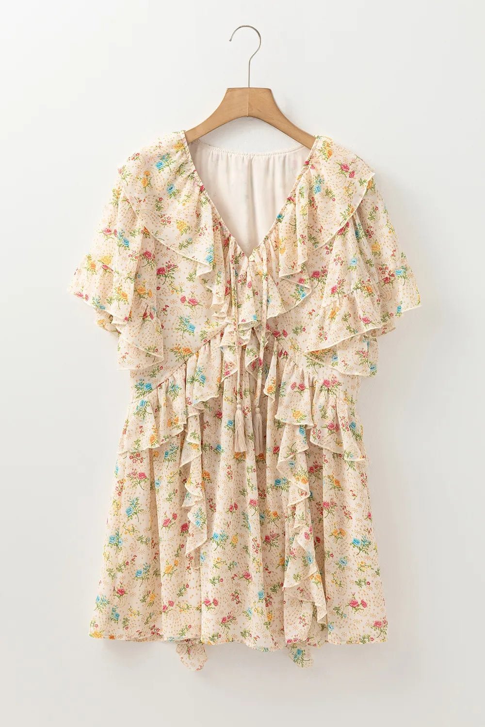 Boho Floral Tassel Tie V Neck Ruffle Wide Sleeve Mini Dress – Cream for Shopify Collective (4 view)