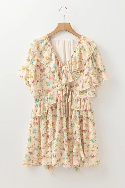 Boho Floral Tassel Tie V Neck Ruffle Wide Sleeve Mini Dress – Cream for Shopify Collective (4 view)