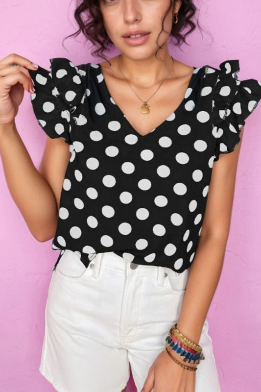 Polka Dot V - Neck Ruffle Cap Sleeve Blouse – Black for Shopify Collective (1 view)