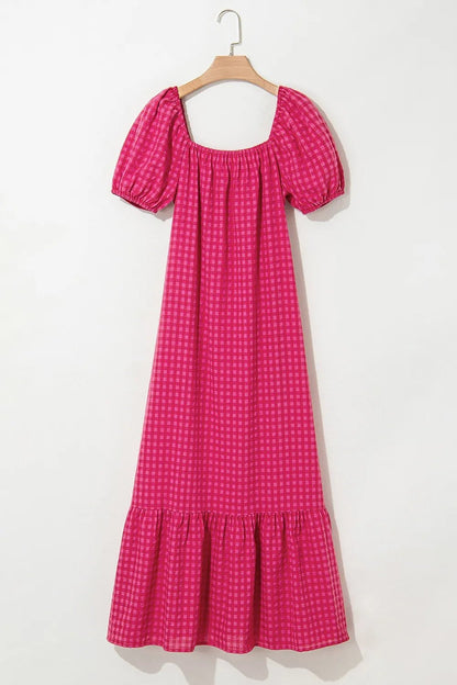 SYNZ Gingham Check Bubble Sleeve Ruffled Maxi Dress – Strawberry for Shopify Collective (6 view)
