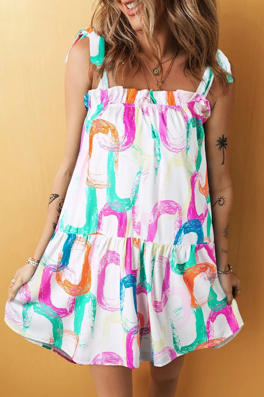 Abstract Print Knotted Straps Ruffled Mini Dress – White for Shopify Collective (1 view)
