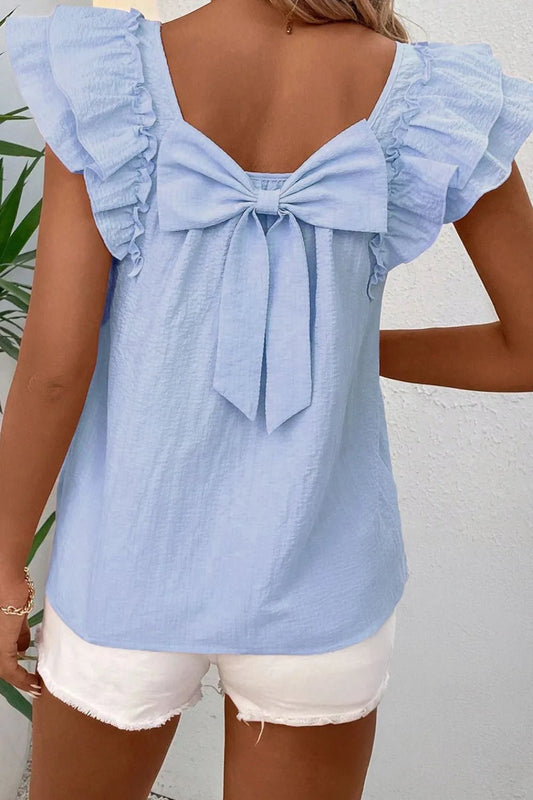 Bow Back Ruffled Cap Sleeve Blouse – Light Blue by Simply Love
