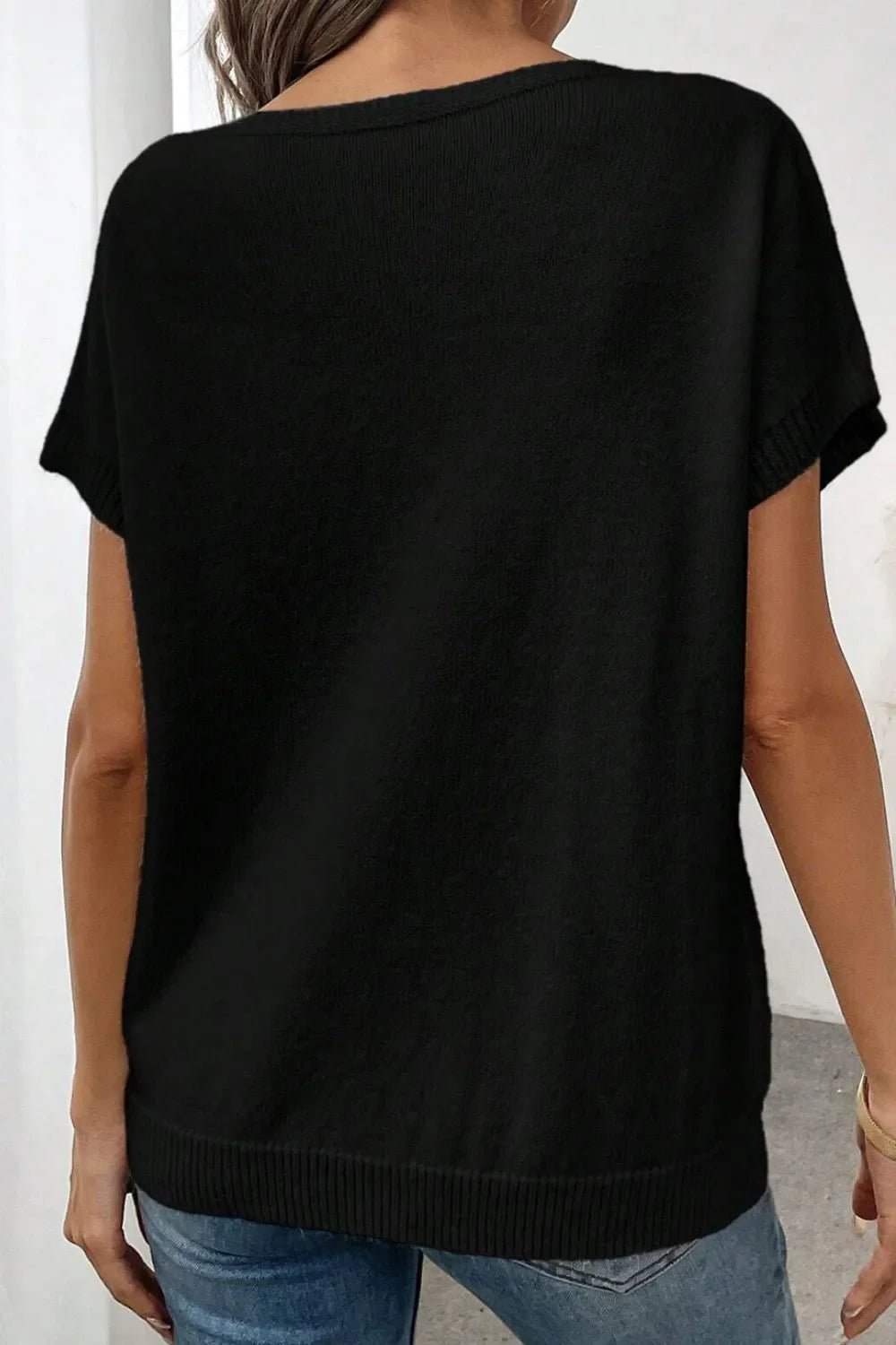 Bow Pattern Knit Short Sleeve Sweater – Black by Simply Love