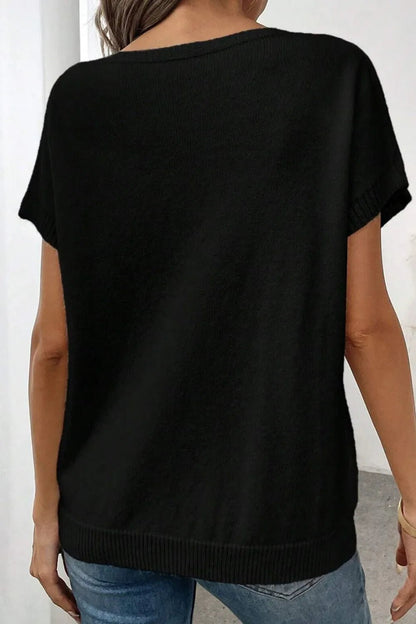 Bow Pattern Knit Short Sleeve Sweater – Black by Simply Love