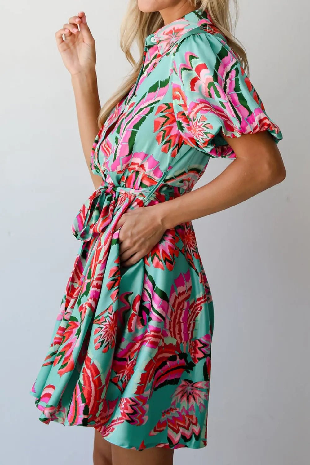 Abstract Print Lace - Up High Waist Buttoned Mini Dress – Floral for Shopify Collective (4 view)