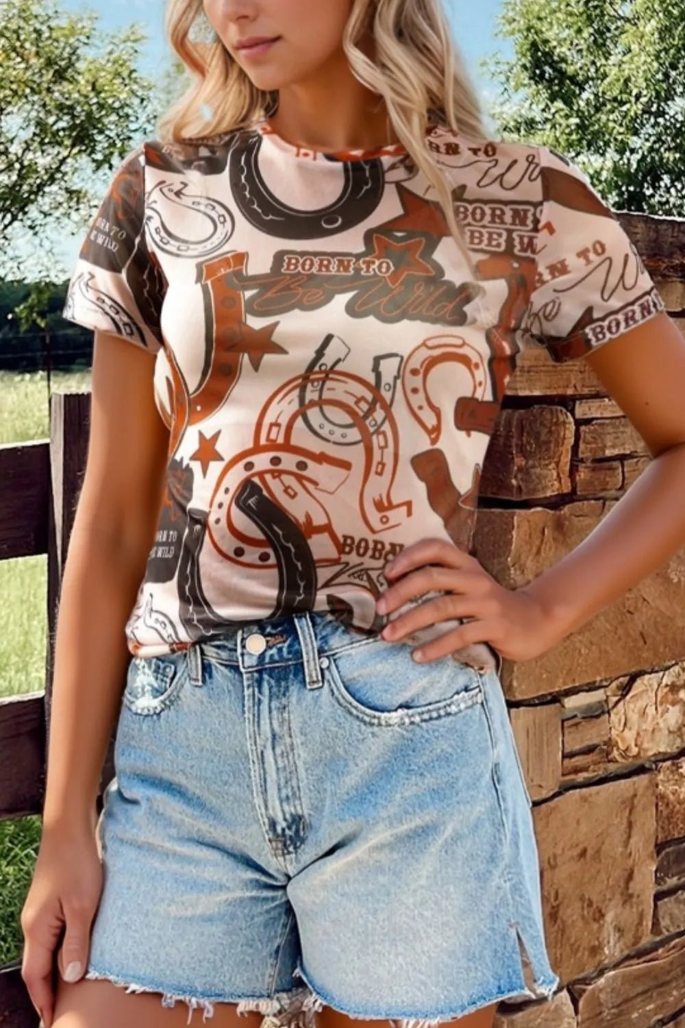 Western Horseshoe Printed Mesh Short Sleeve T Shirt – Caramel for Shopify Collective (2 view)