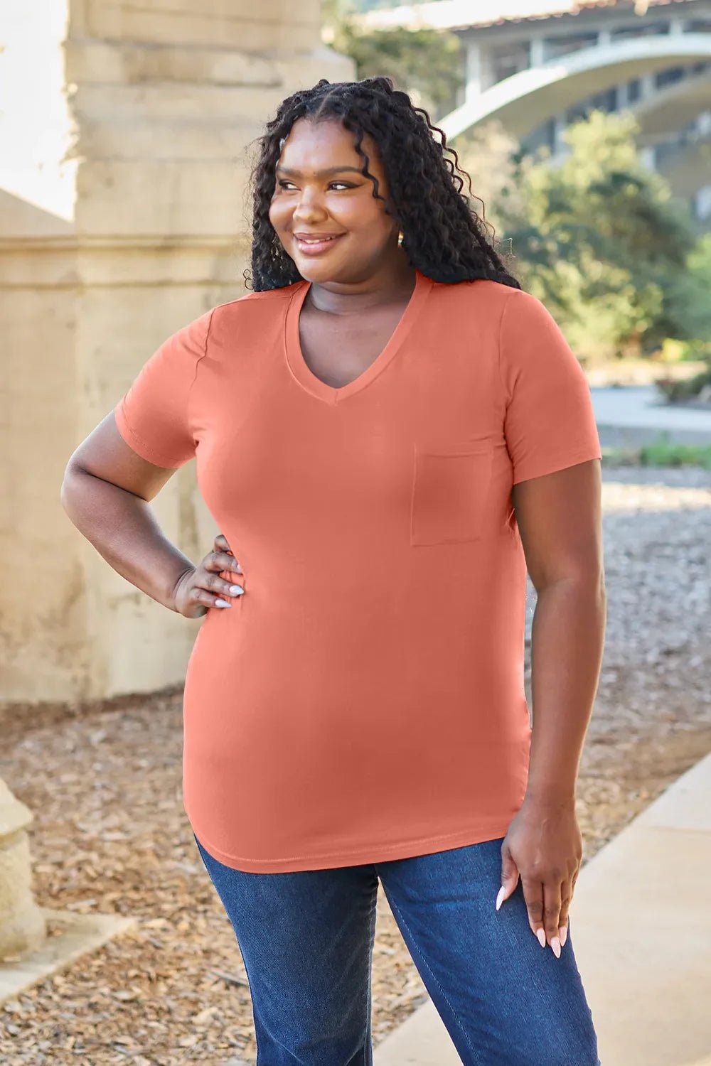 Basic Bae Bamboo Full Size V - Neck Short Sleeve T-Shirt – Watermelon pink for Shopify Collective (4 view)