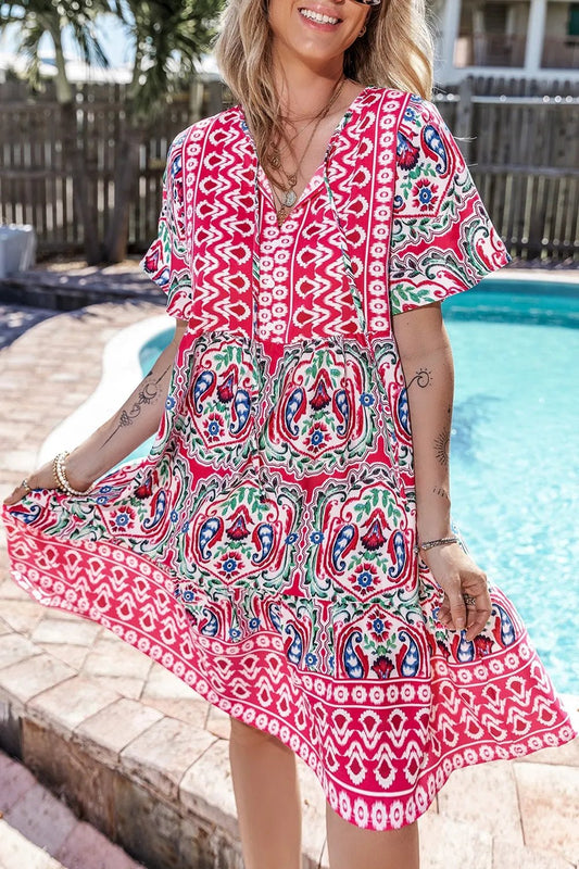 Printed Tie Neck Short Sleeve Dress – Floral for Shopify Collective (1 view)