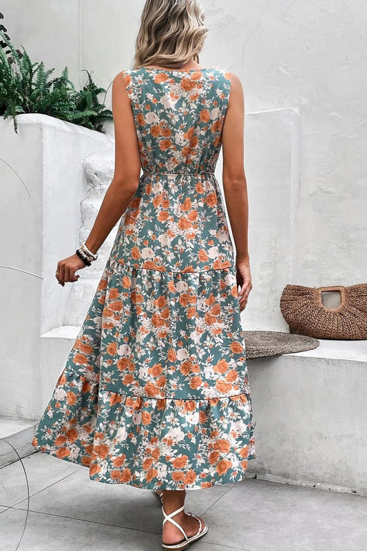 Floral Print Trimmed V Neck Tie Waist Sleeveless Dress – Floral for Shopify Collective (2 view)