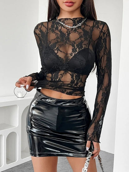 Mock Neck Long Sleeve Sheer Lace Top – Black Women's Top for Shopify Collective (8 view)