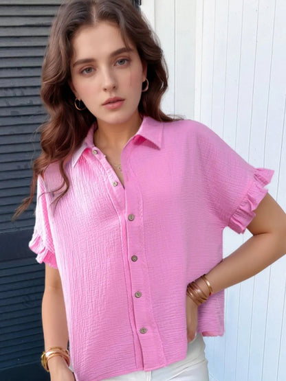 Frill Collared Neck Short Sleeve Shirt – Pink for Shopify Collective (2 view)