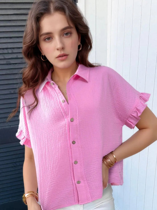 Frill Collared Neck Short Sleeve Shirt – Pink for Shopify Collective (2 view)