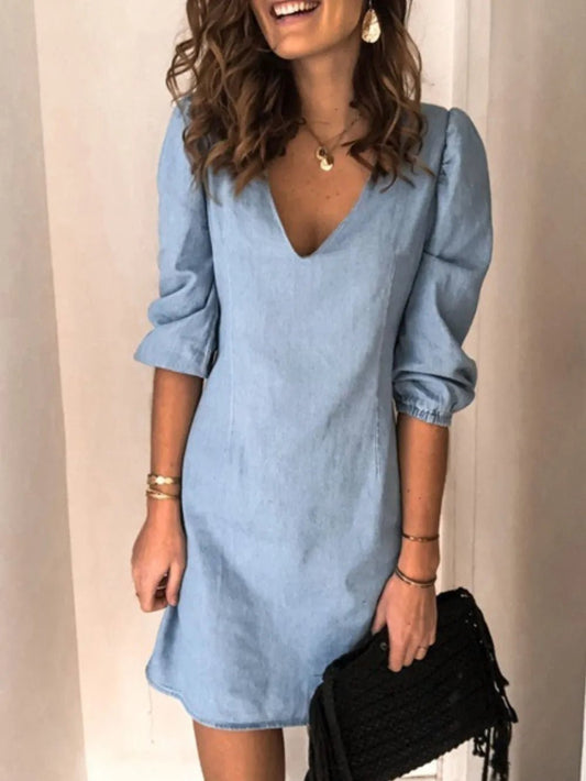 Full Size V - Neck Half Sleeve Dress – Light Blue for Best Sellers (1 view)