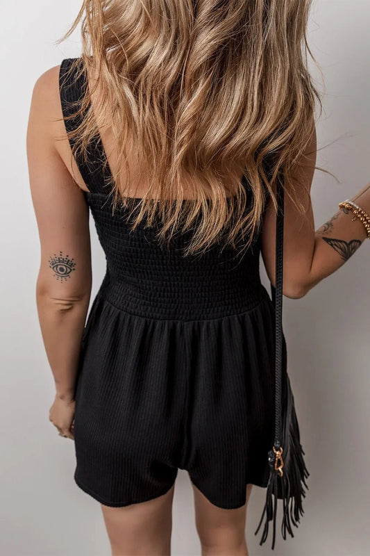 Smocked Bust Textured Knit Sleeveless Romper – Black Women's Top for Shopify Collective (2 view)