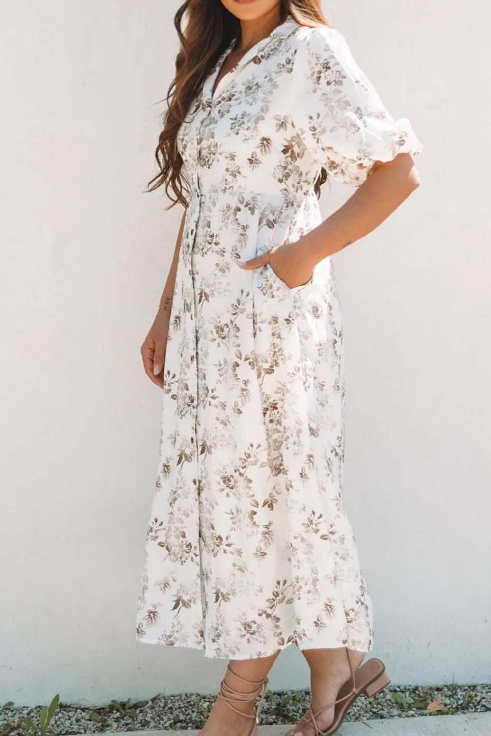 Printed Button Front Puff Sleeve Dress – White for Shopify Collective (6 view)