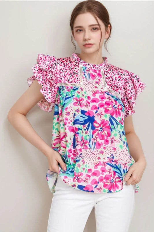 Floral Mixed Print Ruffle Cap Sleeve Blouse – Pink by Simply Love
