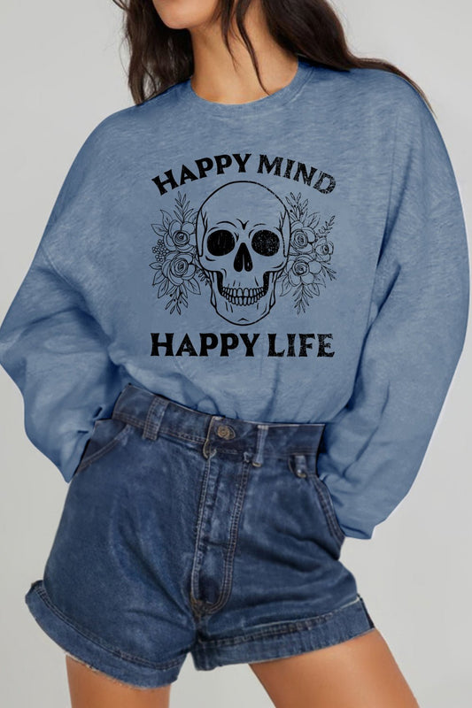 Simply Love Full Size HAPPY MIND HAPPY LIFE SKULL Graphic Sweatshirt – Dusty Blue Sweatshirts for Shopify Collective (1 view)
