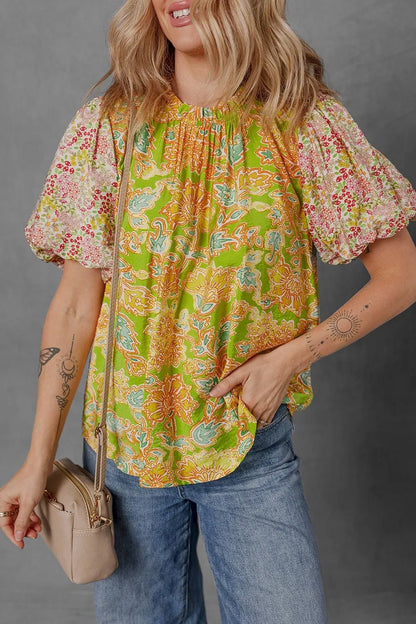 Multicolour Printed Contrast Bubble Sleeve Patchwork Blouse – Floral Top for Shopify Collective (1 view)