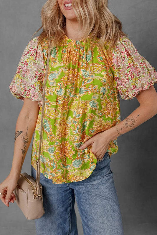 Multicolour Printed Contrast Bubble Sleeve Patchwork Blouse – Floral Top for Shopify Collective (1 view)