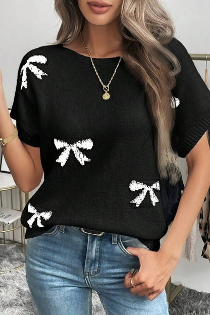 Bow Pattern Knit Short Sleeve Sweater – Black by Simply Love