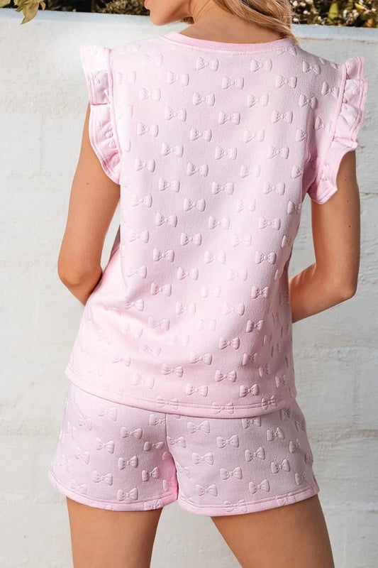 Bow Jacquard Ruffle Cap Sleeve Top and Shorts Set – Blush Pink for Shopify Collective (2 view)