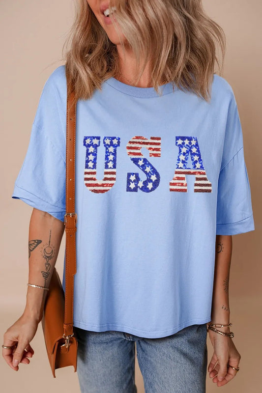 USA Patched Drop Sleeve Crewneck T Shirt – Light Blue for Shopify Collective (1 view)