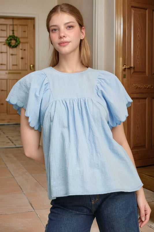 Solid Color Embroidered Scalloped Sleeves Crew Neck Blouse – Light Blue Women's Top for Shopify Collective (2 view)