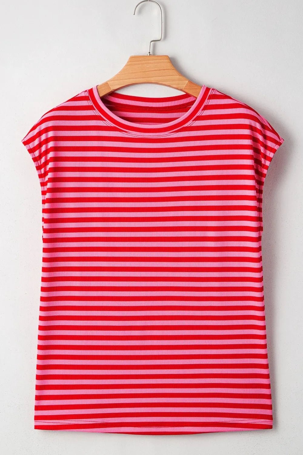 Stripe Ribbed Cap Sleeve Round Neck T Shirt – Strawberry for Shopify Collective (7 view)