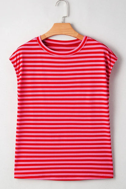 Stripe Ribbed Cap Sleeve Round Neck T Shirt – Strawberry for Shopify Collective (7 view)
