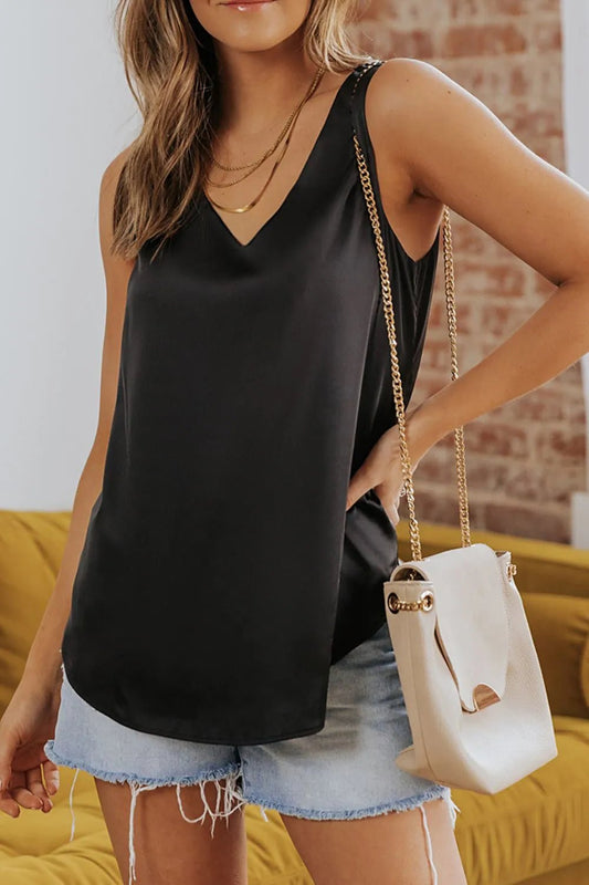 V - Neck Wide Strap Tank – Black Women's Top for Shopify Collective (2 view)
