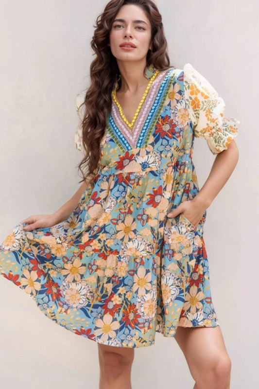 Printed Notched Flounce Sleeve Mini Dress – Floral for Shopify Collective (2 view)