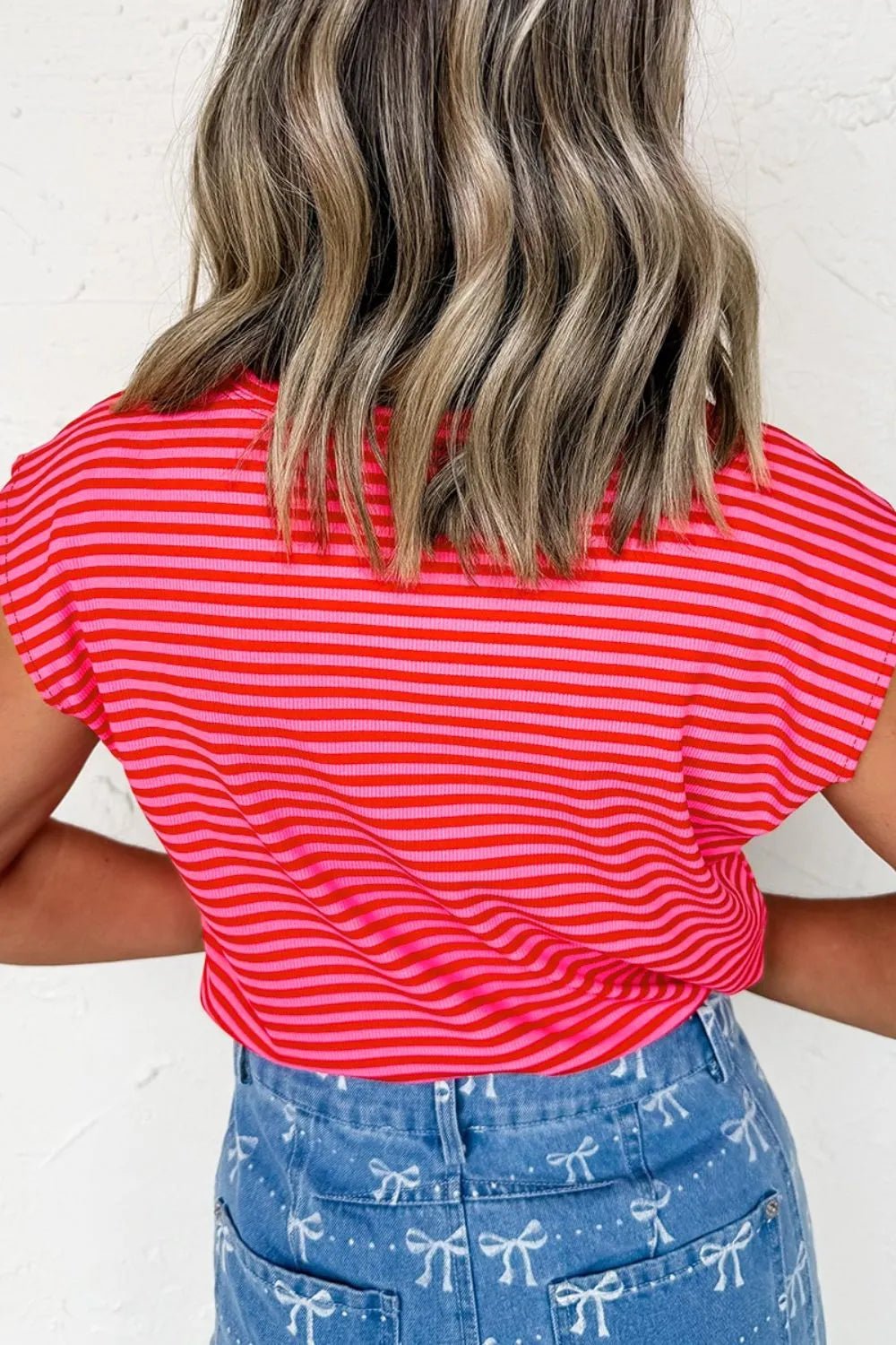 Stripe Ribbed Cap Sleeve Round Neck T Shirt – Strawberry for Shopify Collective (5 view)