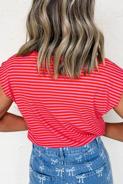Stripe Ribbed Cap Sleeve Round Neck T Shirt – Strawberry for Shopify Collective (5 view)