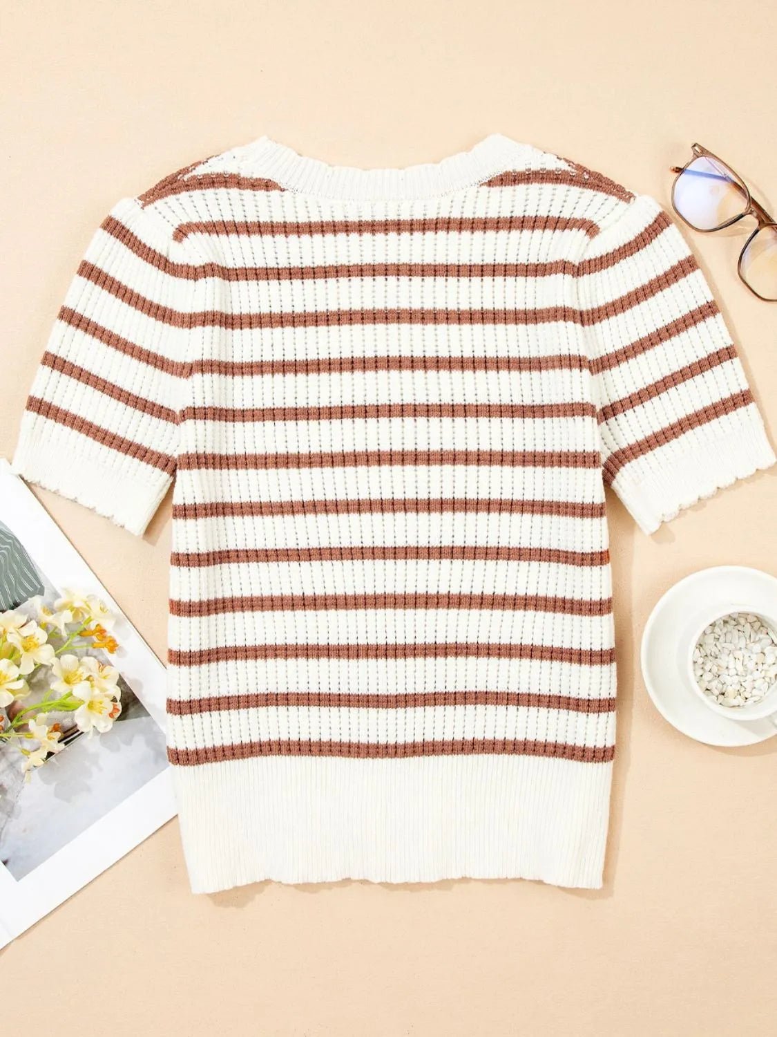 Stripe Scalloped Round Neck Short Sleeve Sweater – Caramel by Simply Love