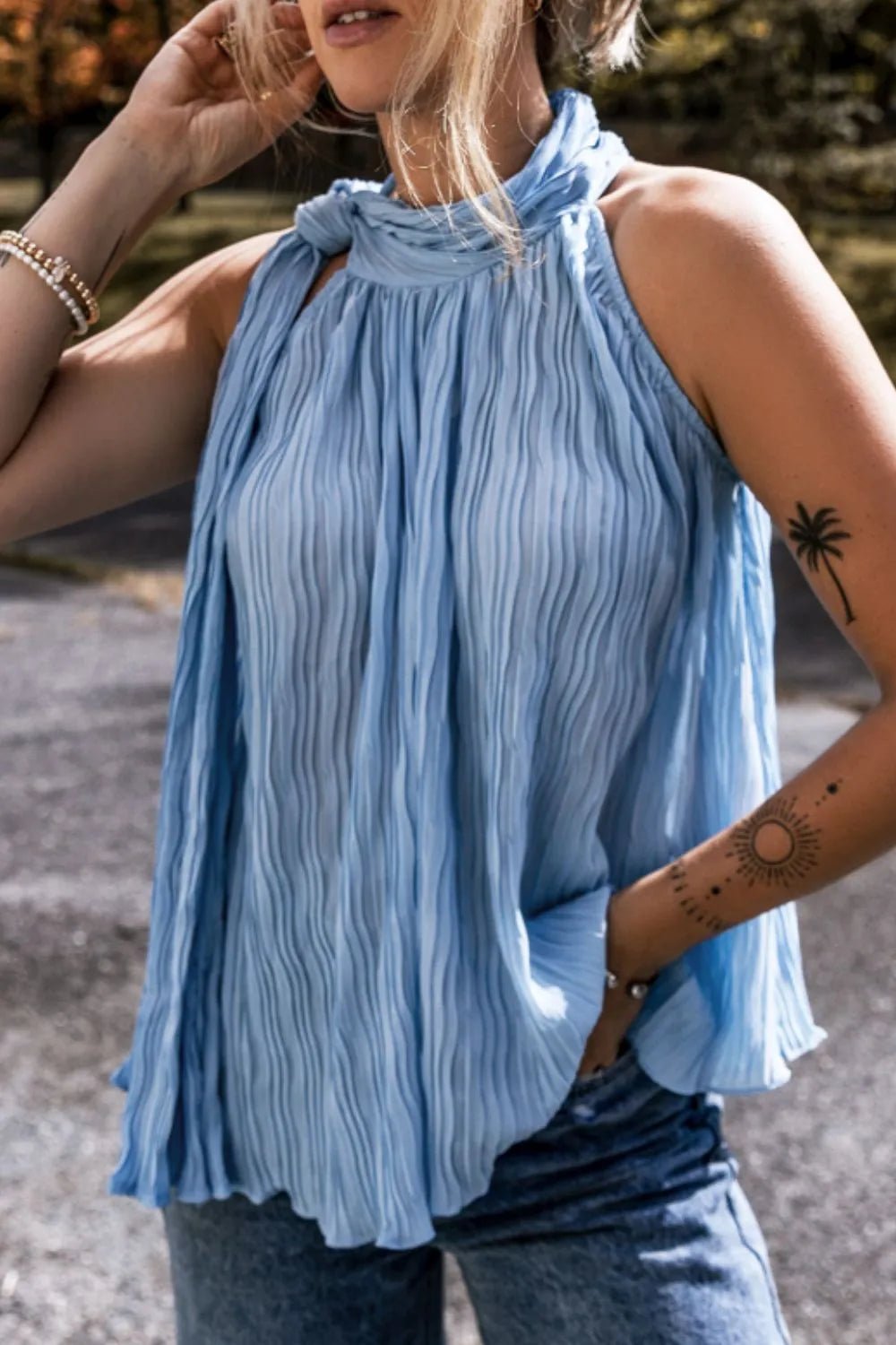 Textured Pleated Tied Mock Neck Flowy Tank Top – Dusty Blue for Shopify Collective (3 view)