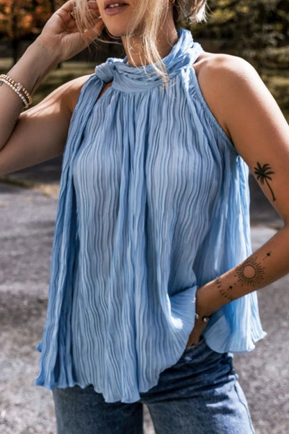 Textured Pleated Tied Mock Neck Flowy Tank Top – Dusty Blue for Shopify Collective (3 view)
