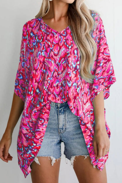 Abstract Print V Neck Half Sleeve Loose Fit Blouse – Fuchsia Pink for Shopify Collective (10 view)