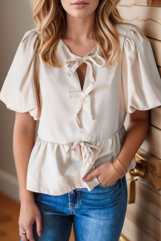 Bow Tie Short Puff Sleeve Ruffle Hem Blouse – Eggshell for Shopify Collective (1 view)