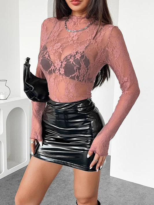 Mock Neck Long Sleeve Sheer Lace Top – Pale Blush Women's Top for Shopify Collective (2 view)